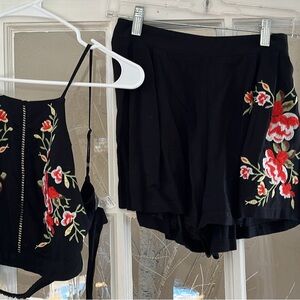 EARTHBOUND Black Set with Red Floral Embroidery